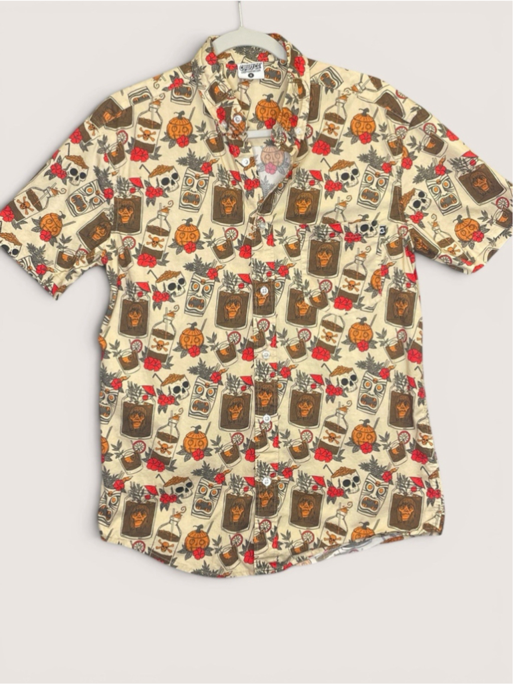 Creepy Co Hawaiian Shirt Small Halloween Skull Tiki Button Up Camp Horror